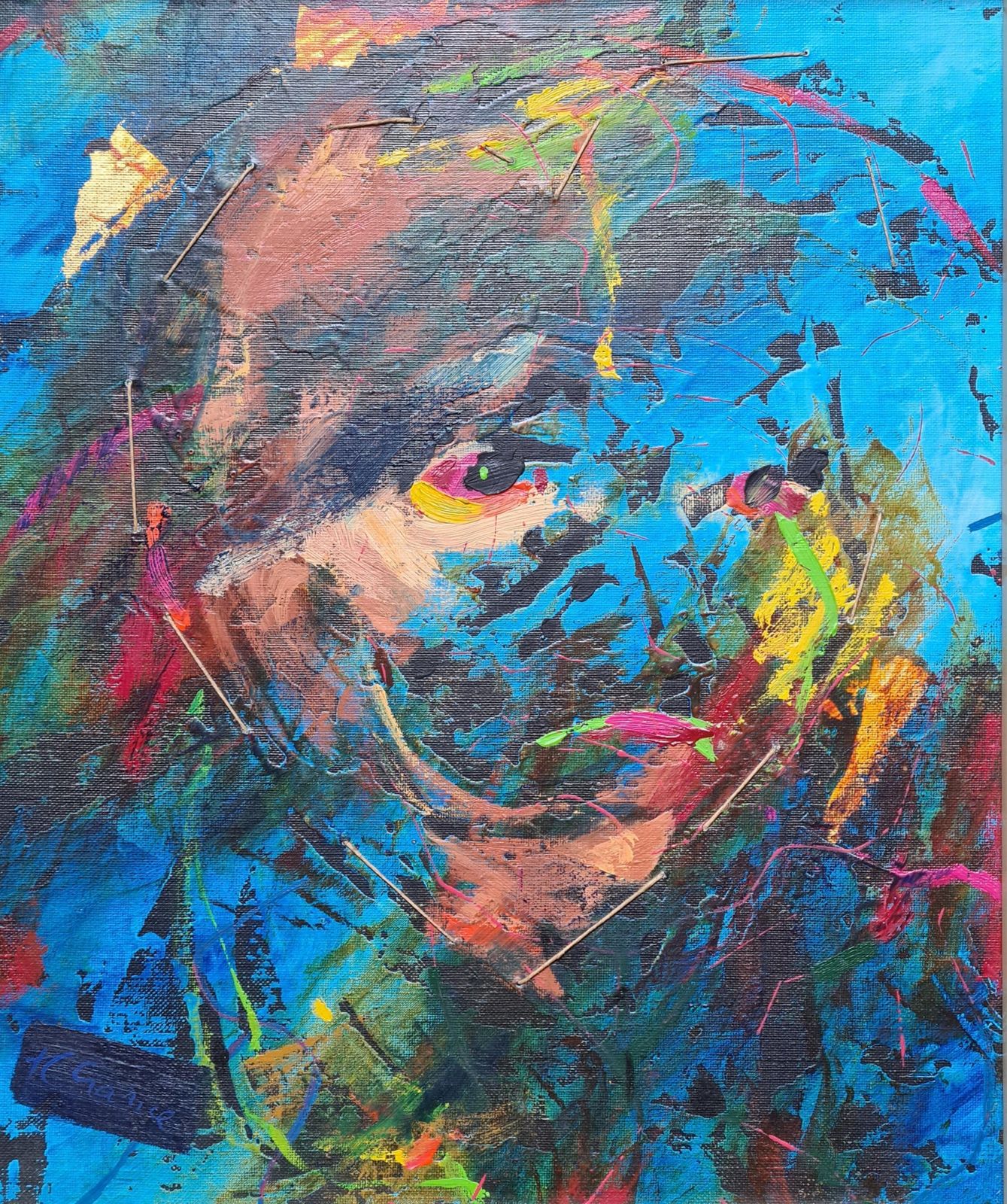 French Abstract Expressionist Portrait, Joel Crancenarcissus, Pose 18, Acrylic On Canvas. 1994 photo furniture