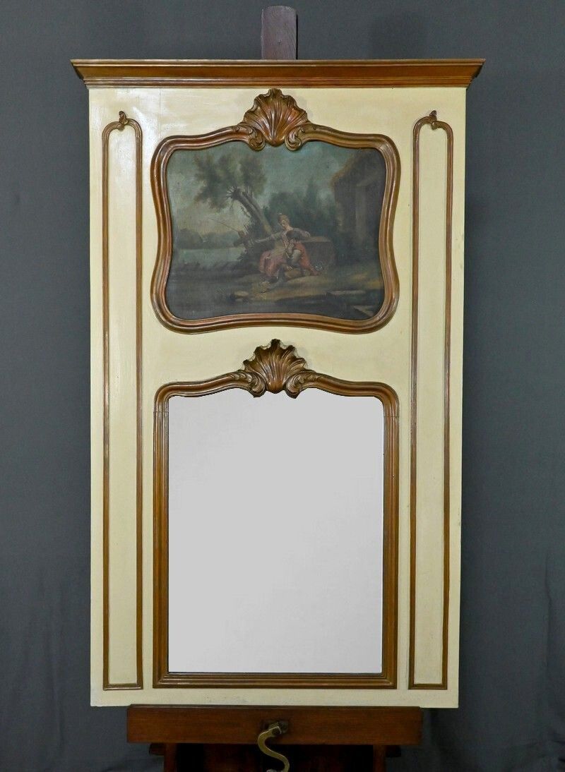 Painted Wooden Trumeau Mirror, Louis XV Style – Late 19th Century