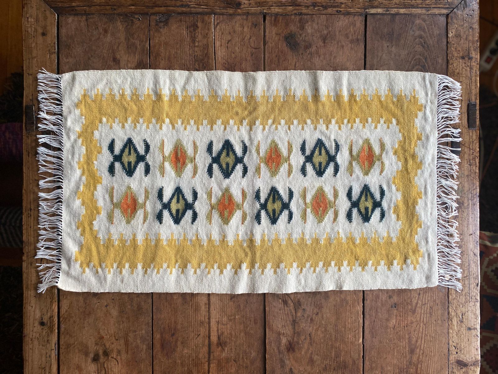 Handmade Yellow And Cream White Flat Weave Tapestry, Vlasti, Greece, 1960 70s photo furniture