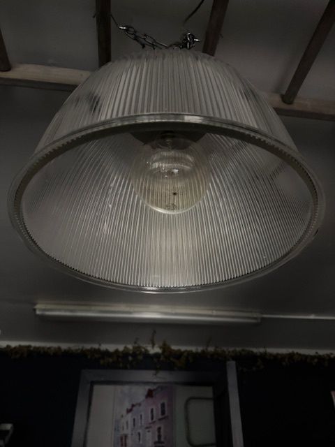 A Set Of Three Holophane Glass And Copper Pendant Lamps From The British Aerospace Factory (1940s)  photo Lighting