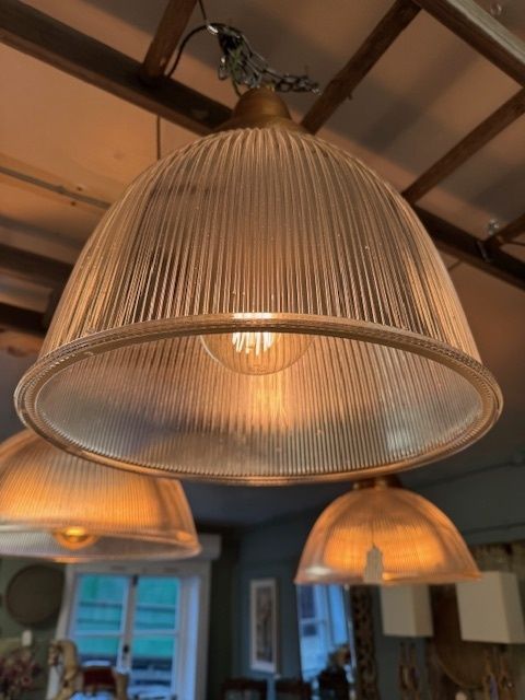 A Set Of Three Holophane Glass And Copper Pendant Lamps From The British Aerospace Factory (1940s)  photo for sale
