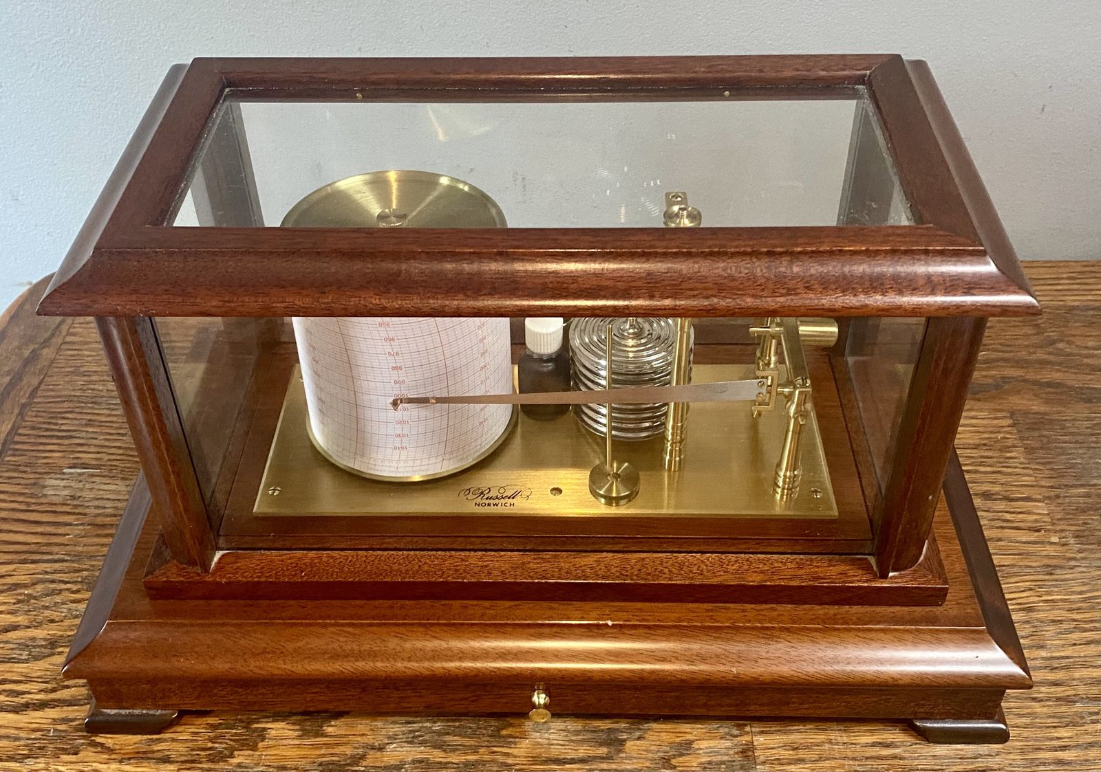 Antique High Quality English Oak And Brass Barograph Aneroid Barometer For Measuring Atmospheric Air Pressure Meteorologist Weather Station Industrial photo furniture