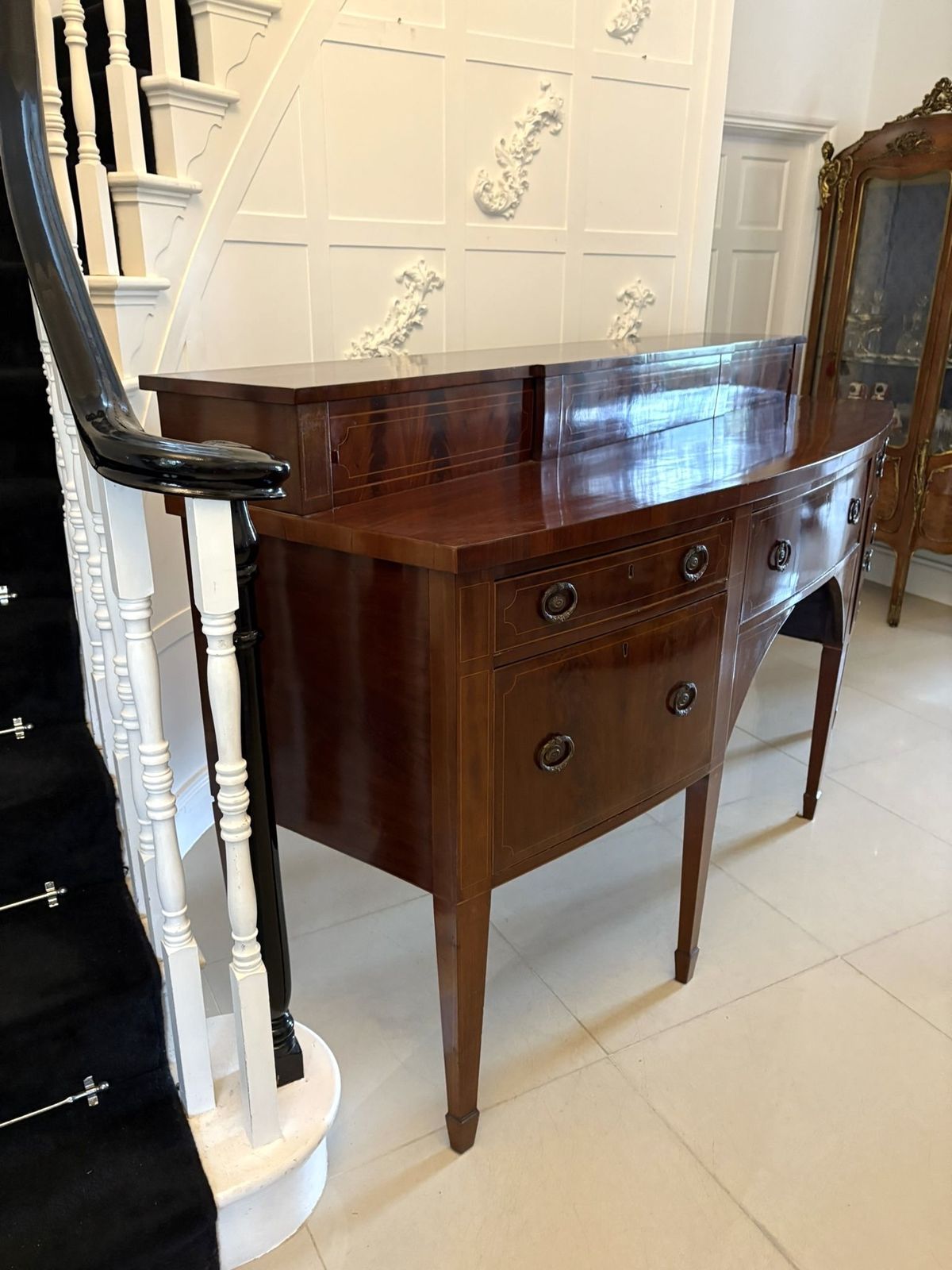 Outstanding Quality Large Antique Mahogany And Boxwood Strung Bow Fronted Sideboard photo vinterior