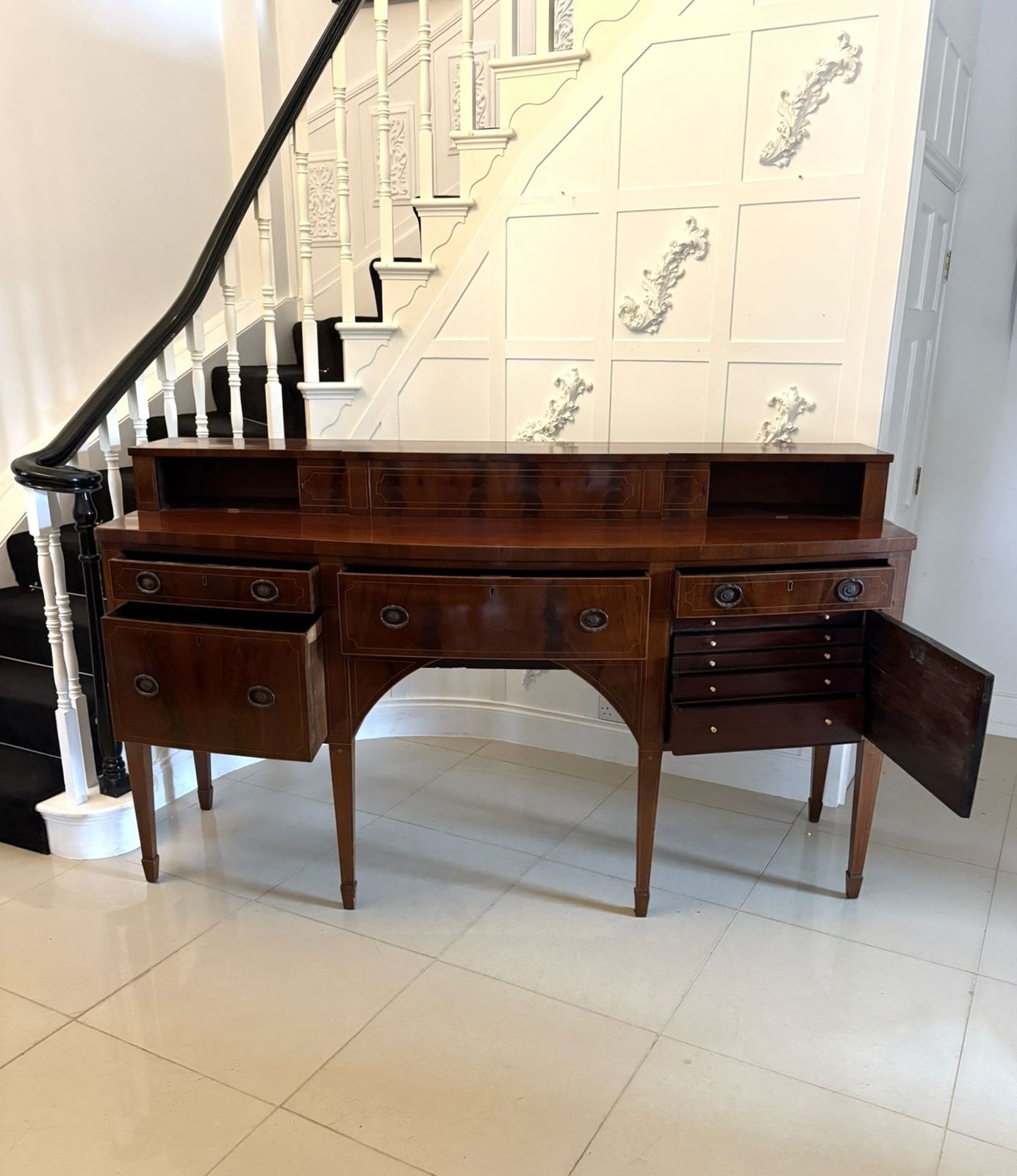 6450.0 Outstanding Quality Large Antique Mahogany And Boxwood Strung Bow Fronted Sideboard photo