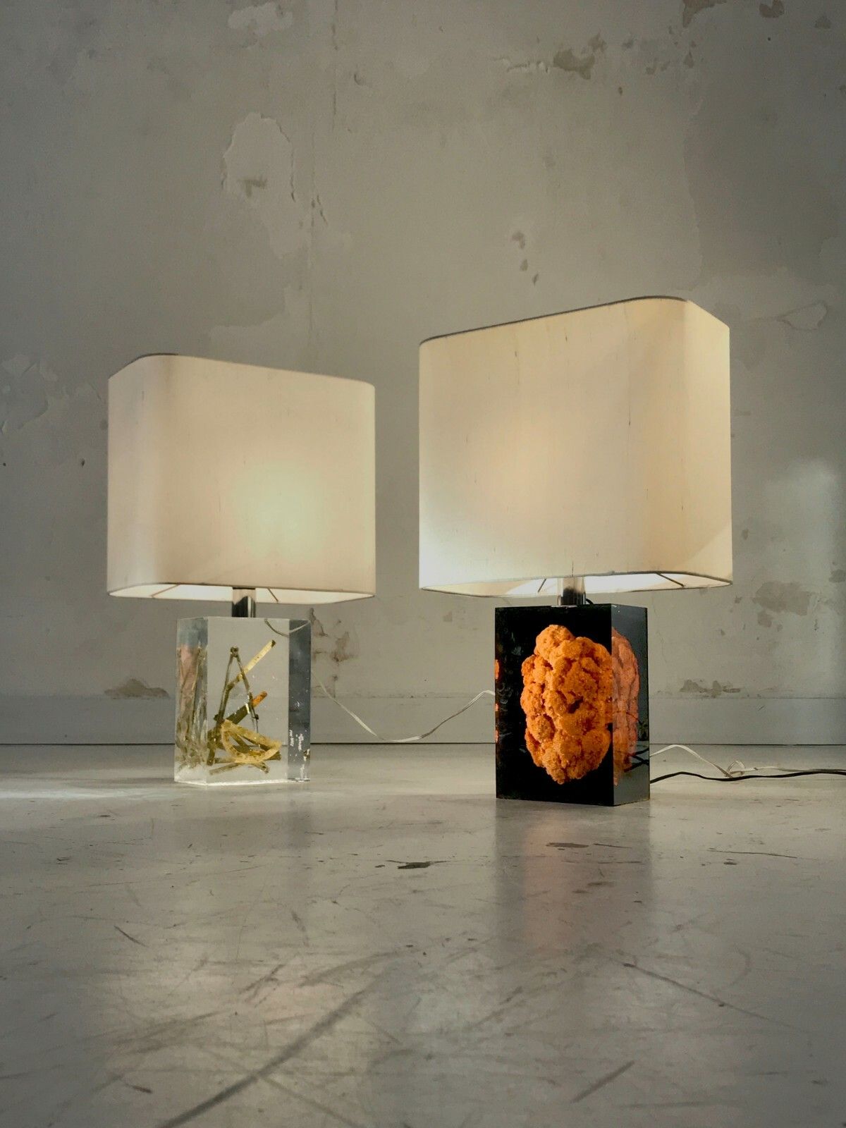 photo furniture 1970 Giraudon 2 Lamps Inclusion Sculpture Shabby Chic Lucite Plexiglas Pop