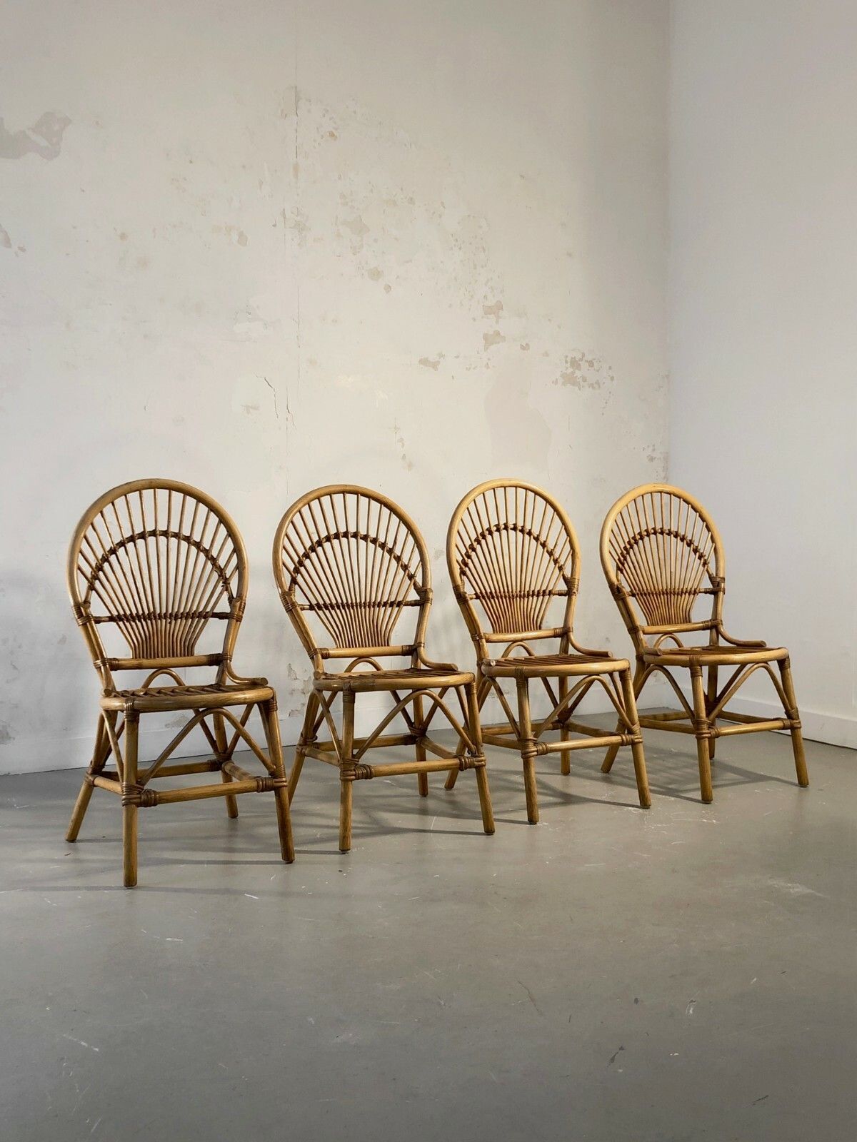 1960 1970 4 Bamboo Chairs Folk Art Modernist Shabby Chic Audoux Minnet photo buy