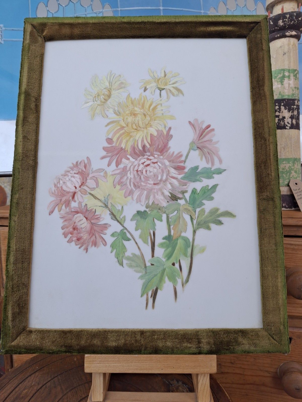 Victorian Velvet Framed Still Life Painting On Milk Glass. photo furniture