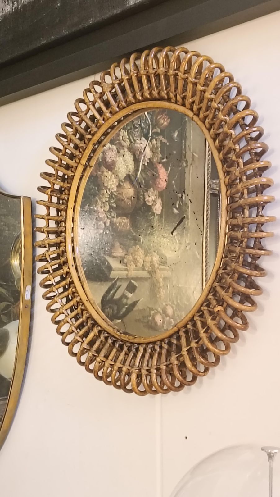 Franco Albini Attr. Rattan And Wicker Round Wall Mirror, Italy 1960s photo vintage