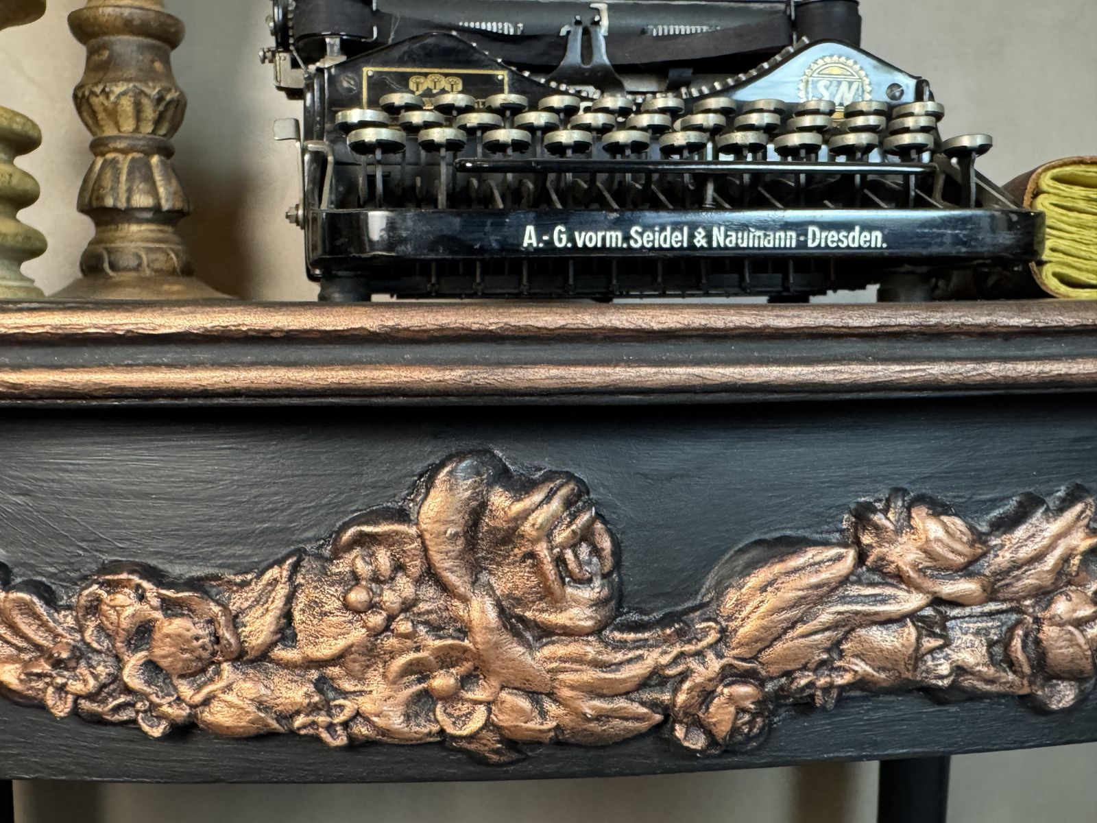 Vintage Solid Walnut Console | The Phoenix | Ball & Claw Feet | Hand Painted In Rustoleum Natural Charcoal | Copper Accents photo buy