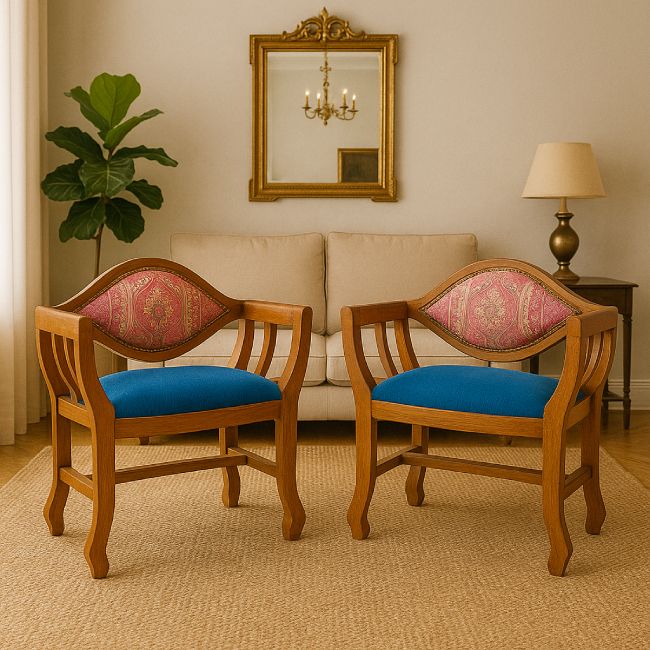 Pair Of Vintage Indian Teakwood Armchairs | Late 20th Century Style | Lotus Backrest & Regal Upholstery photo buy