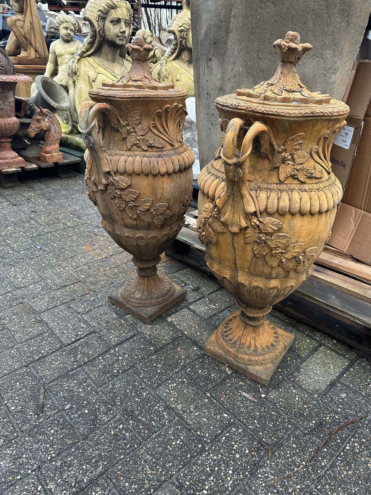 Stunning French Pair Of Matching Stone Urns, Lovely Patina And Colour photo furniture