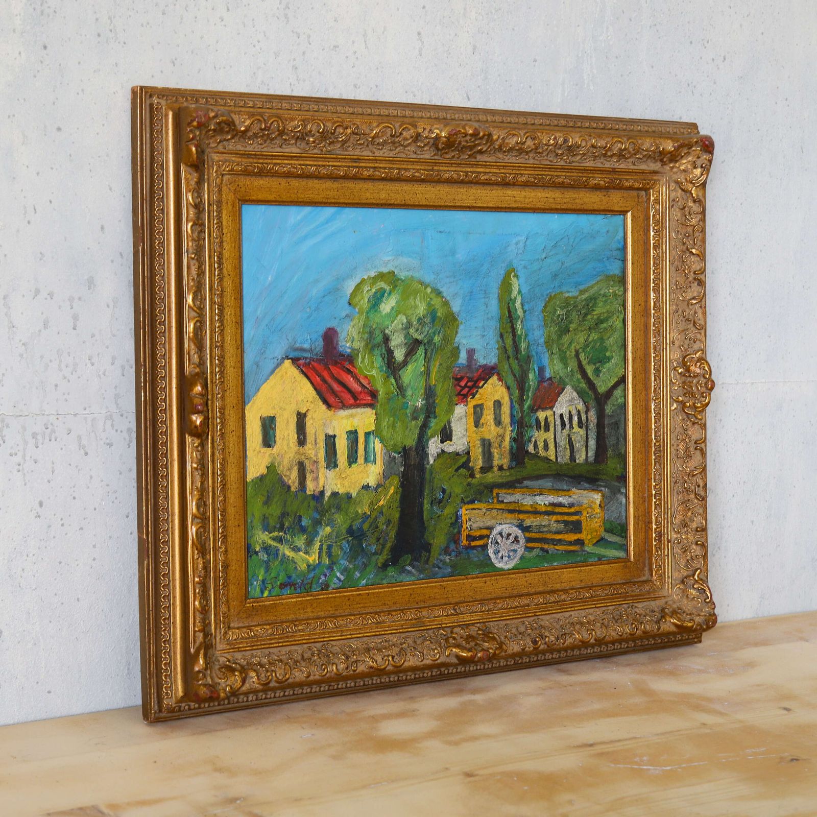 1940s English Naïve Farm Scene Oil Painting   Timeless Rural Charm photo for sale
