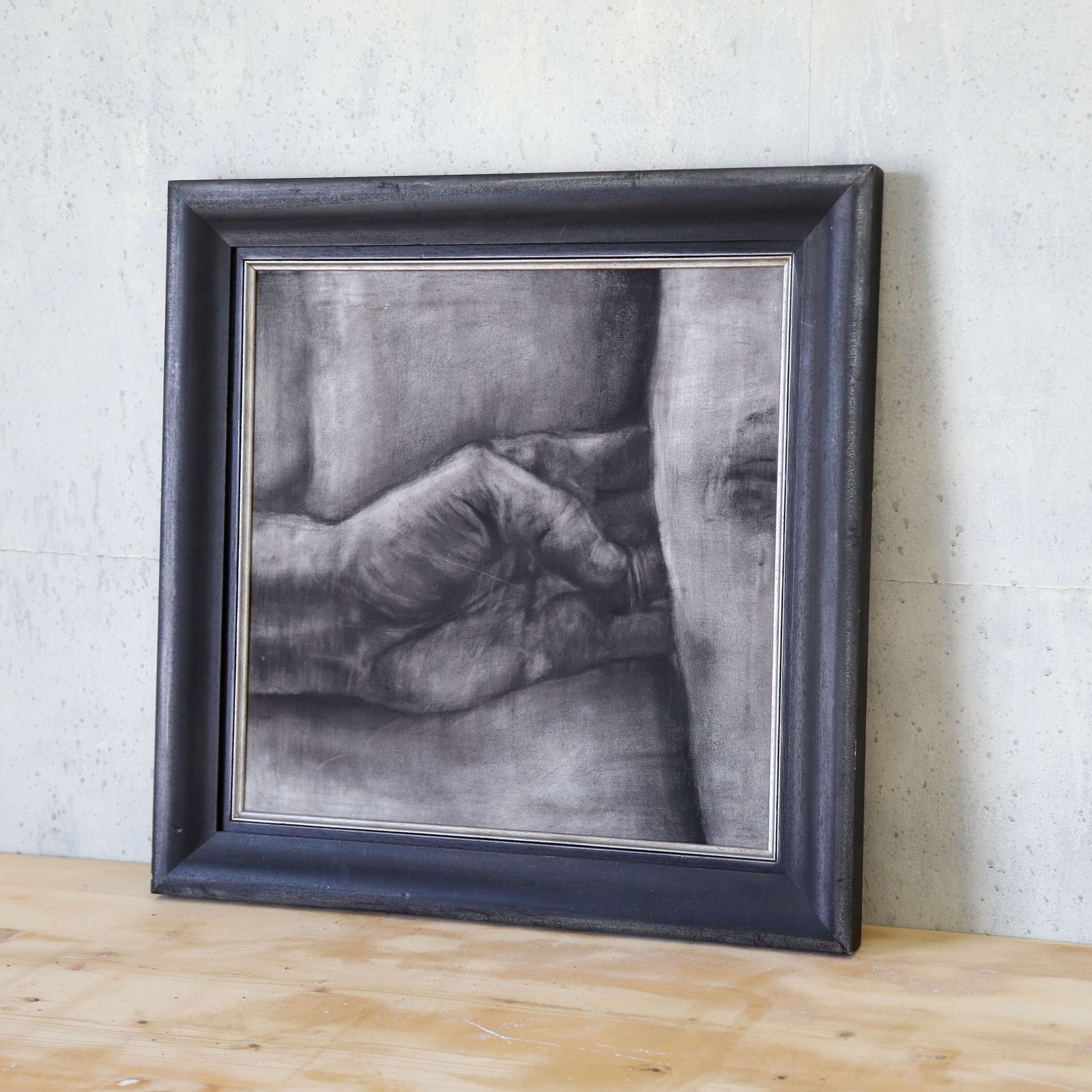 Charcoal Study Of Hands & Back By Helen Martin, English Artist In A Dramatic Black Frame photo vinterior