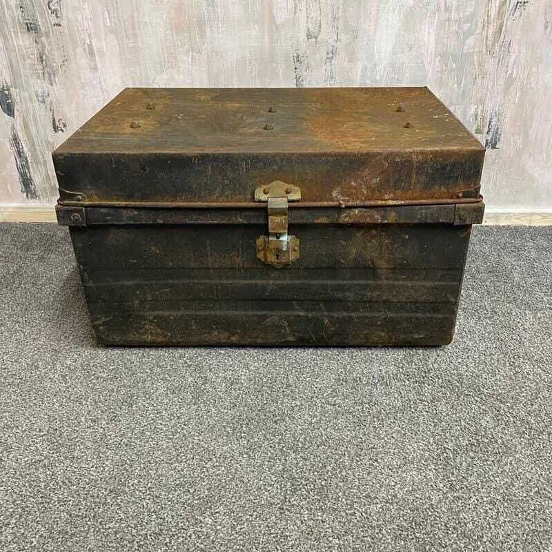 Vintage Black Metal Trunk With Latch And Side Handles Rusted Patina
