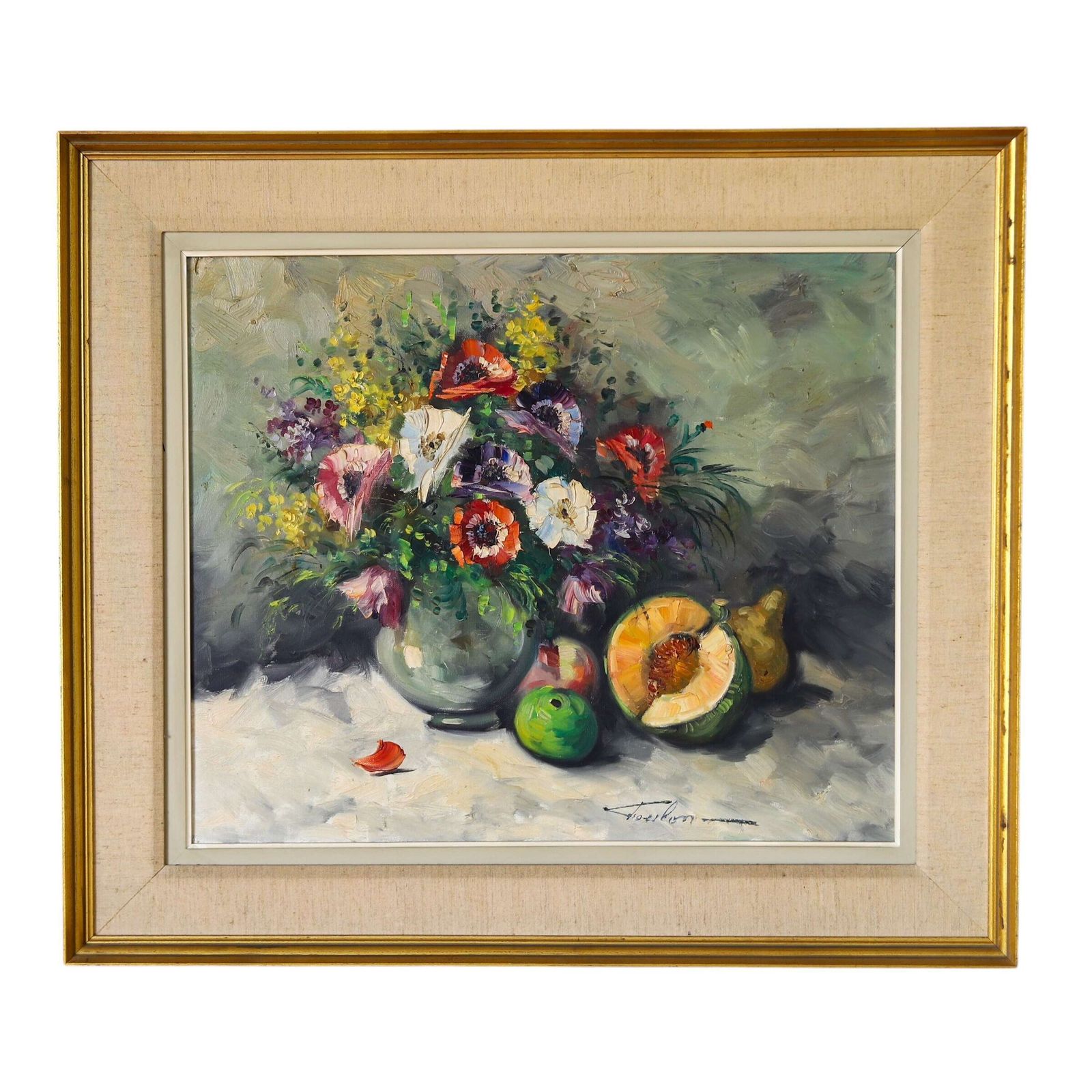 Charming English Still Life: Anemones & Fruit, 1940s 50s, Gilt Moulded Frame