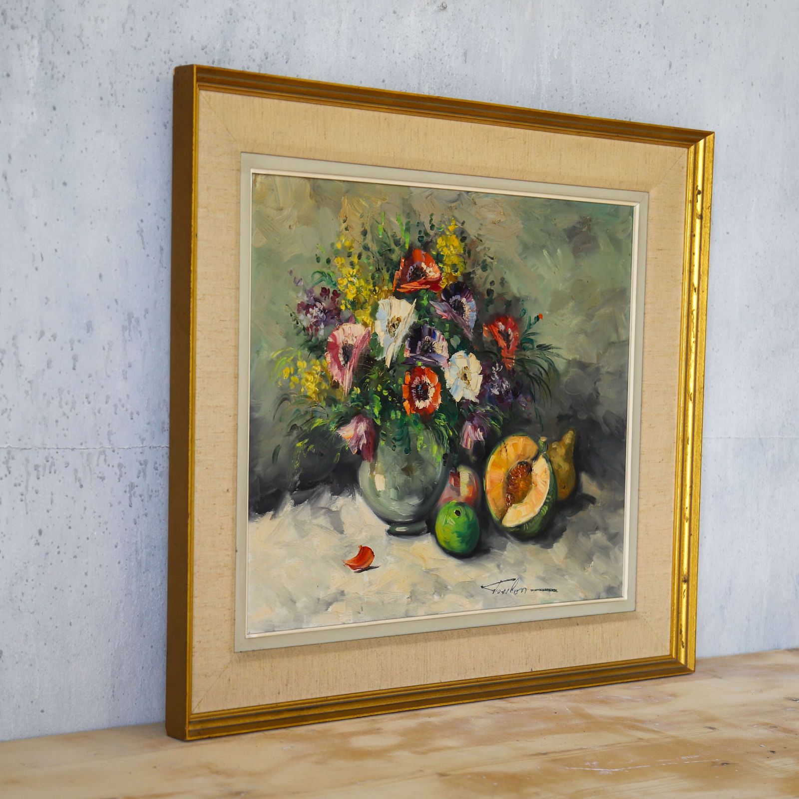 Charming English Still Life: Anemones & Fruit, 1940s 50s, Gilt Moulded Frame photo buy