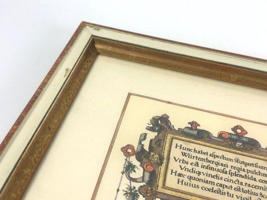 Jonathan Sauter, After Jonathan Sauter, View Of Stuttgart In 1592, Colored Copperplate Engraving, 1960s, Framed photo vinterior
