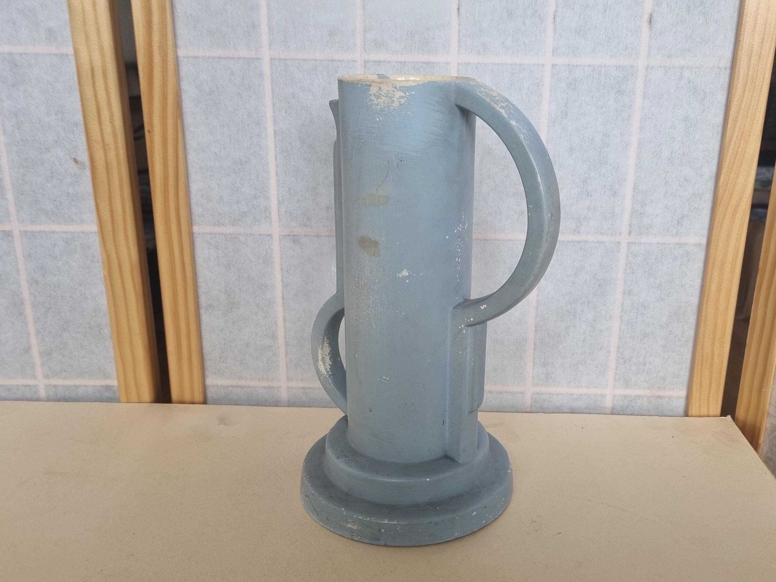 Art Deco Plaster Jug | Continental Design | Stylized Handle Spout | Circular Stepped Base | Vintage Blue Green Pottery | Classic Period photo furniture