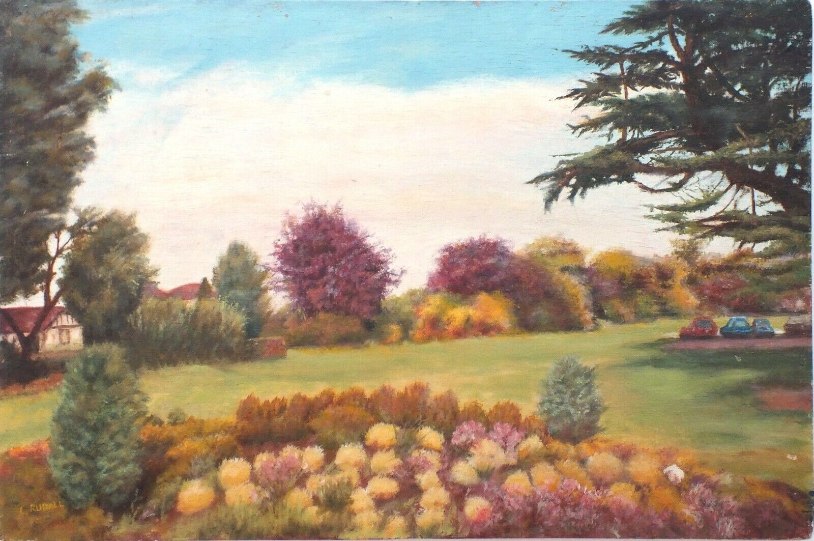English Landscape Oil Painting Original Unframed Signed Country Garden Scene photo for sale