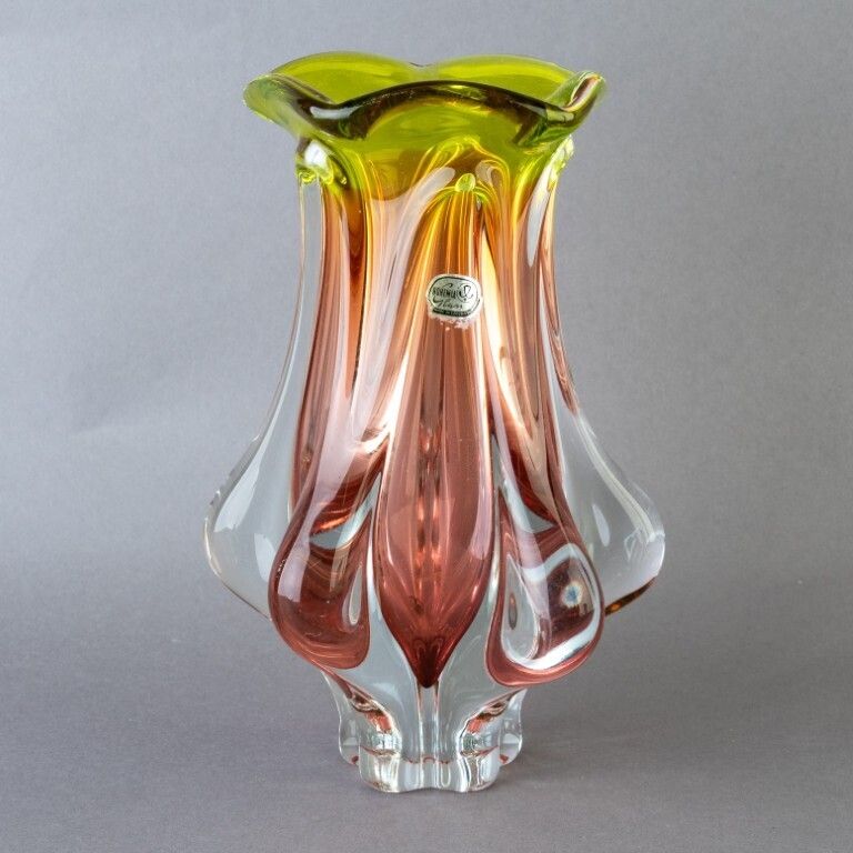 Bohemian Hand Blown Amber Glass Vase In Manner Of Murano