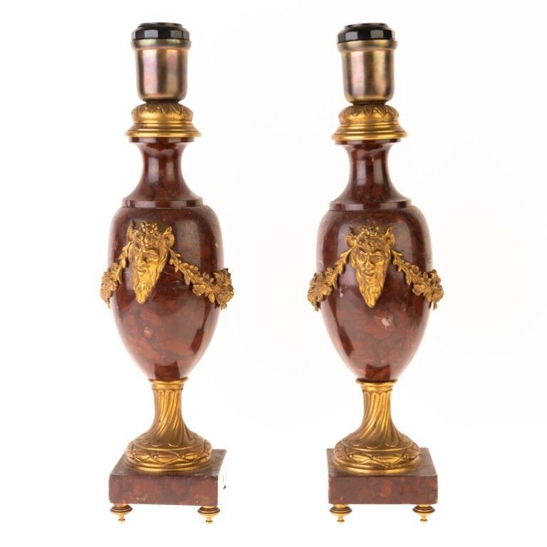 Antique French Pair Of Rouge Marble & Bronze Satyrs Table Lamps