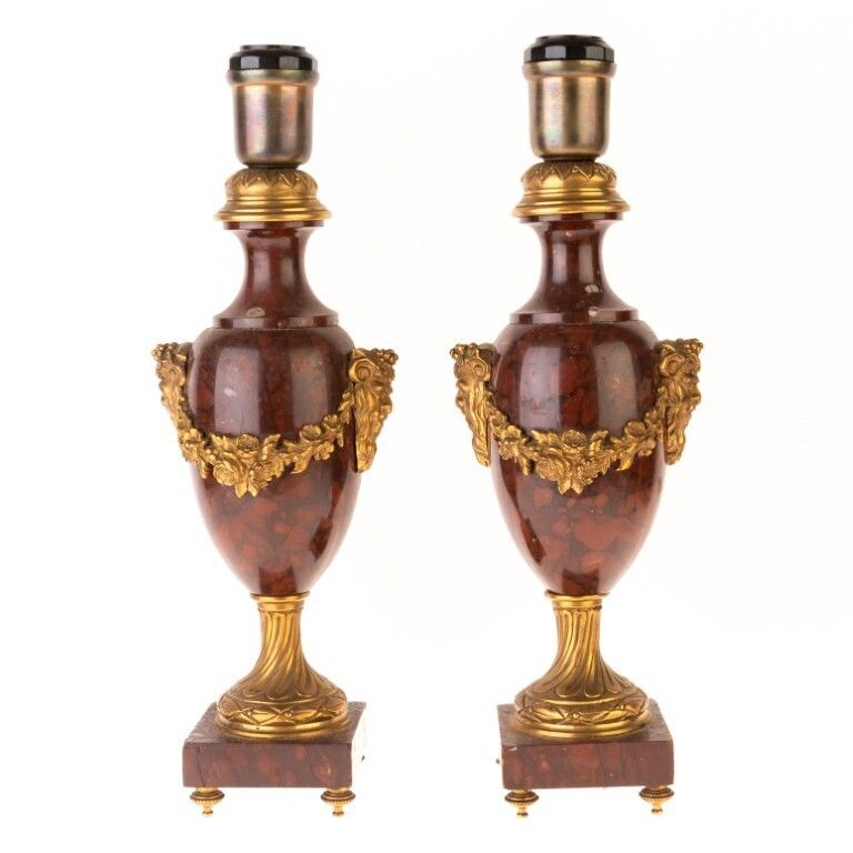 Antique French Pair Of Rouge Marble & Bronze Satyrs Table Lamps photo furniture