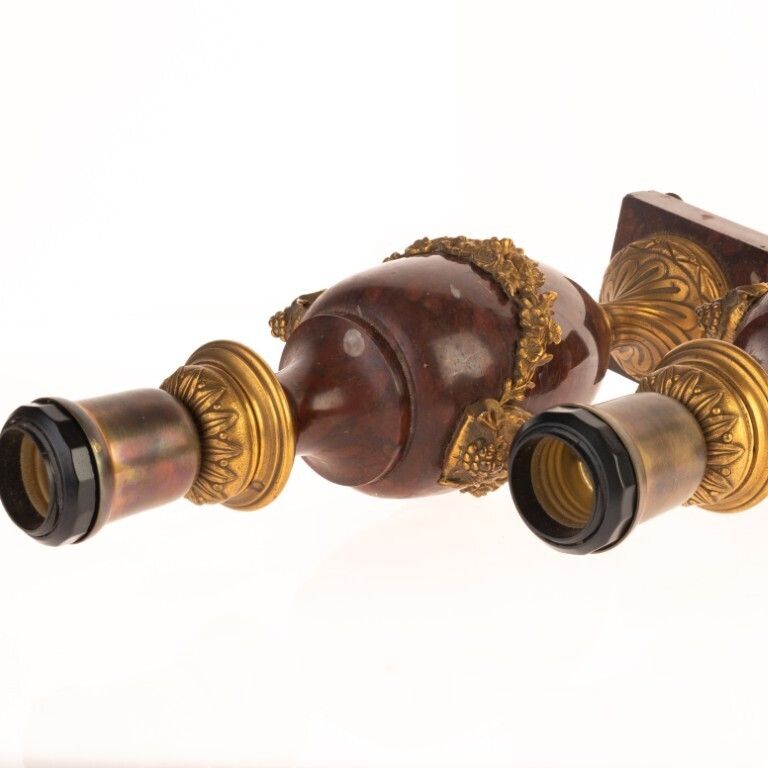 photo vinterior Antique French Pair Of Rouge Marble & Bronze Satyrs Table Lamps