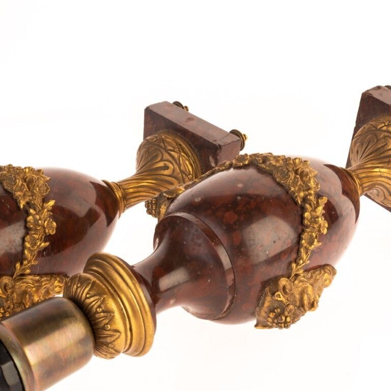 photo buy Antique French Pair Of Rouge Marble & Bronze Satyrs Table Lamps