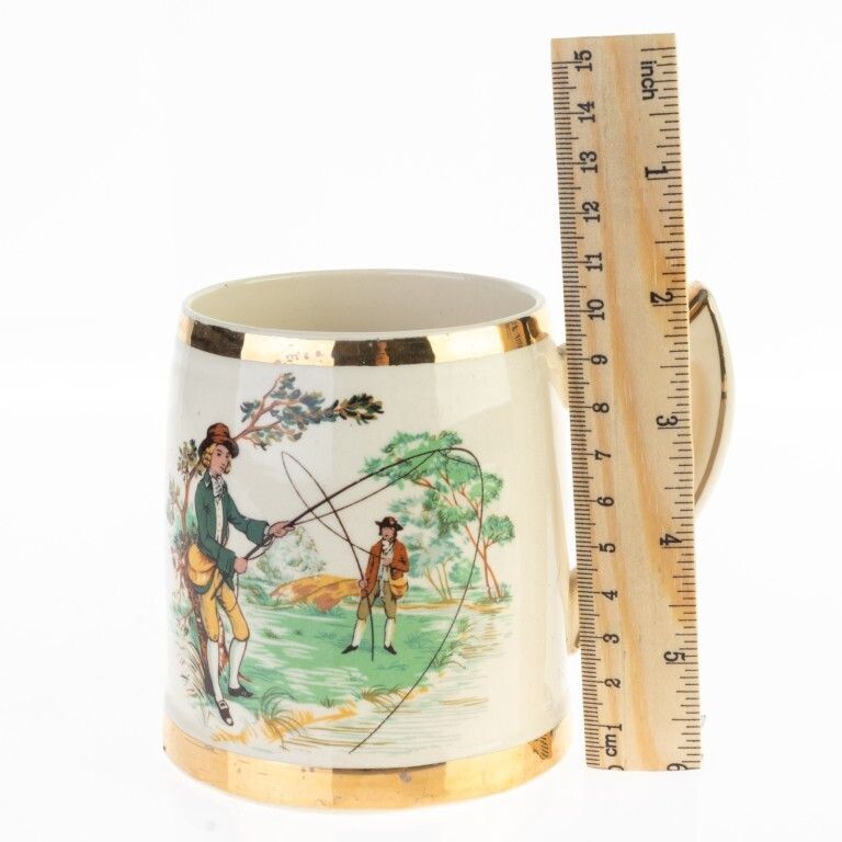 Royal Norfolk Gilt Porcelain Ceramic Fishing Scene Mug photo for sale