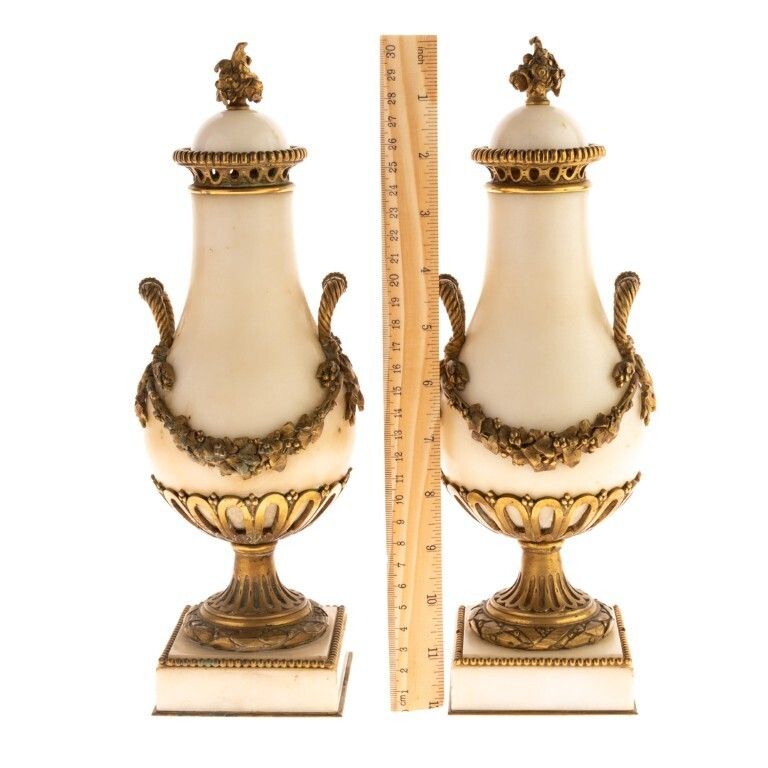 Antique Pair Of French Marble And Bronze Cassolettes Vases 19th Century photo for sale
