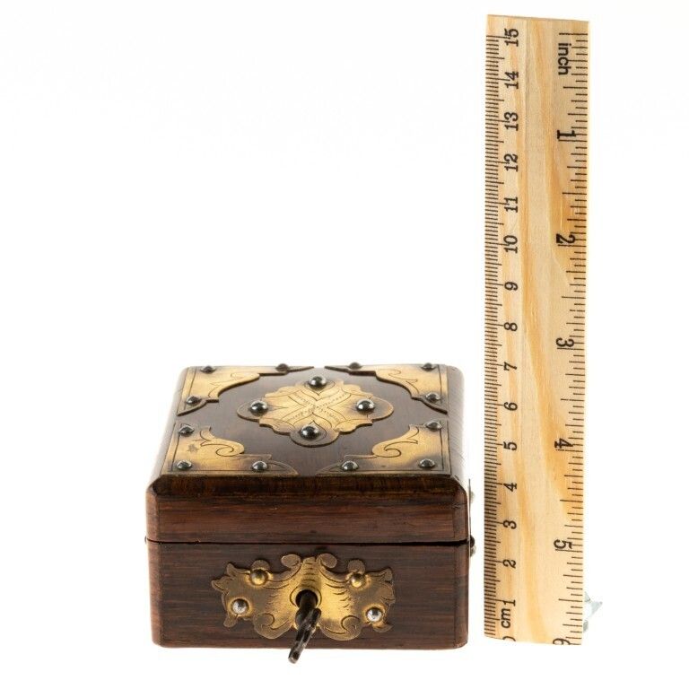 Antique Chased Brass Mounted Pocket Fob Watch Wood Box With Key 19th Century photo Home Decor