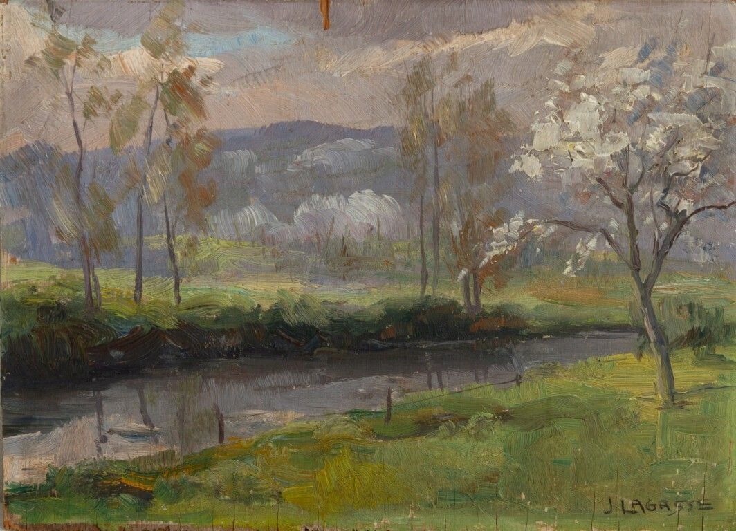 J Lagasse Signed Antique Landscape Oil Painting On Panel