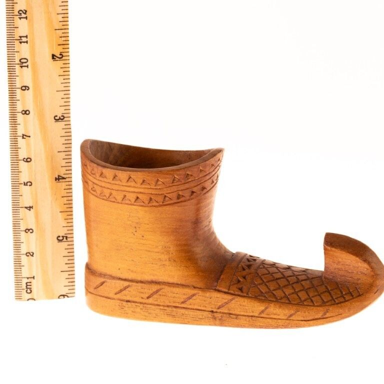 Antique Early 20th Century Carved Folk Art Wood Shoe Match Holder photo for sale