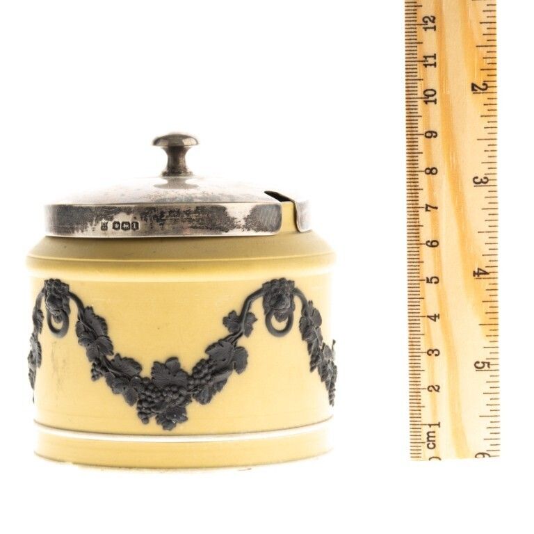 Antique Wedgwood Black & Cane Jasperware Preserve Jar With Sterling Silver Lid Hallmarked Sheffield 1928 photo for sale