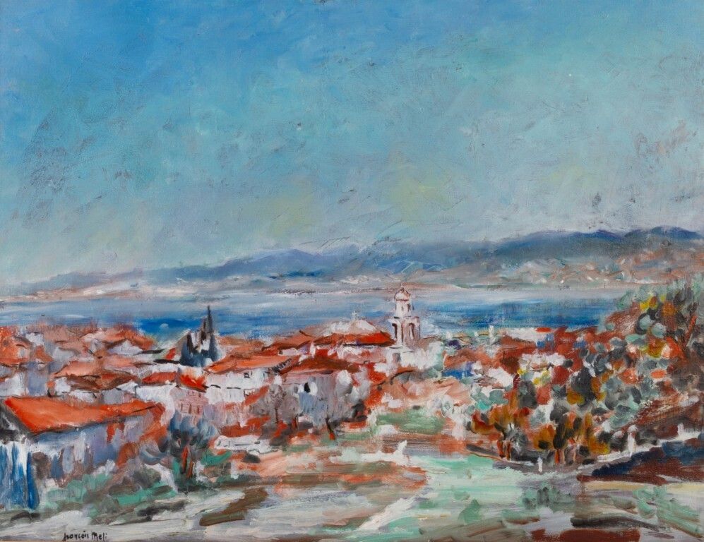 Large French Coastal Town Landscape Oil Painting Signed