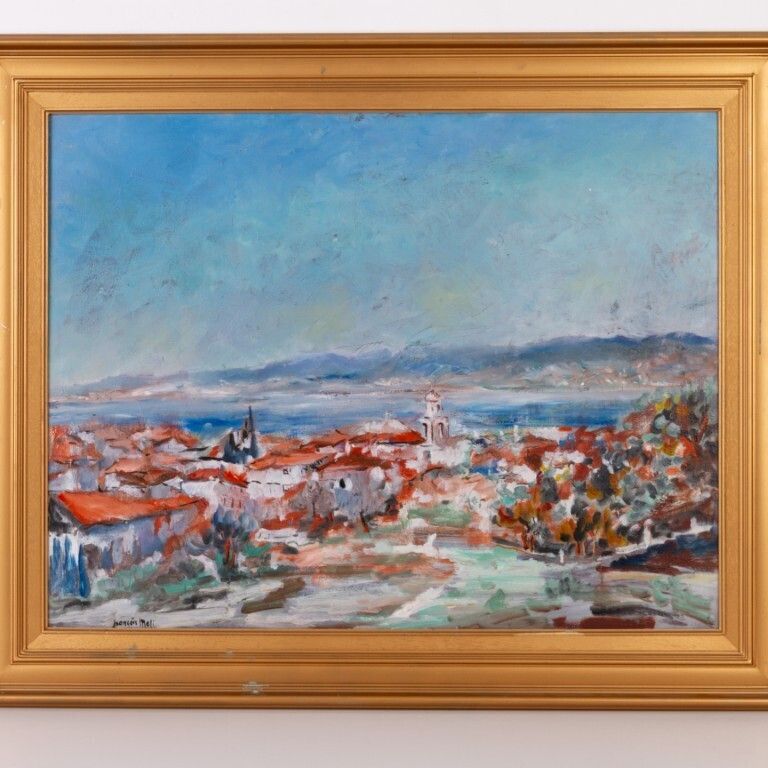 Large French Coastal Town Landscape Oil Painting Signed photo furniture