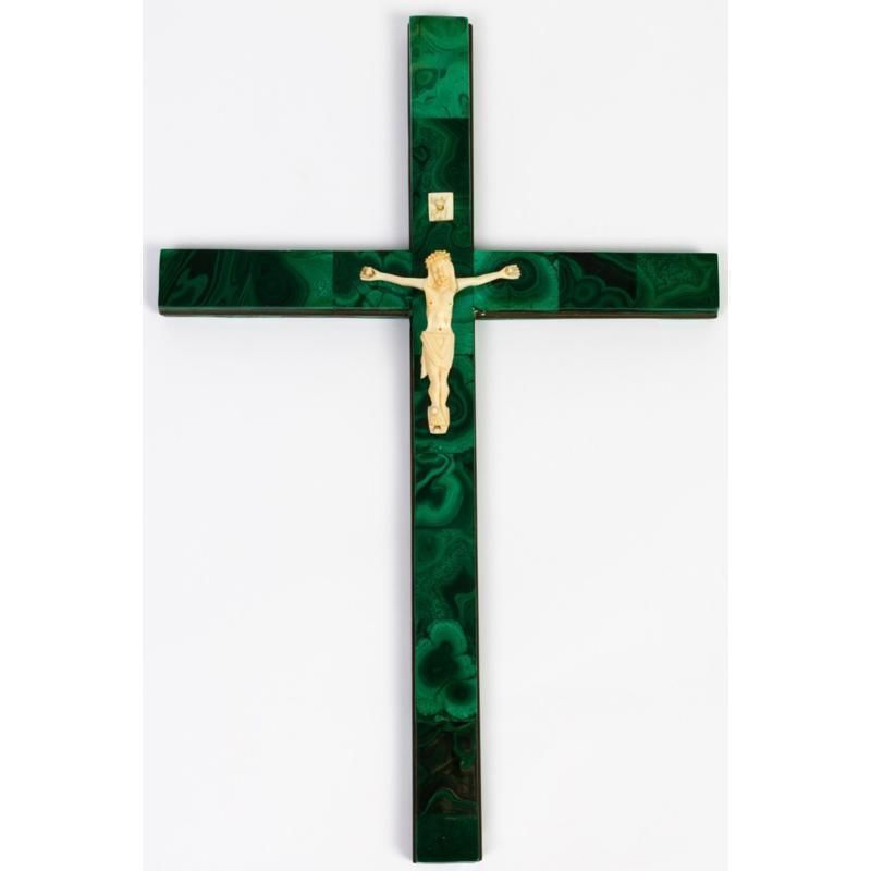 Antique Large African Inlaid Malachite Crucifix Religious Cross With Corpus Christi 19th Century