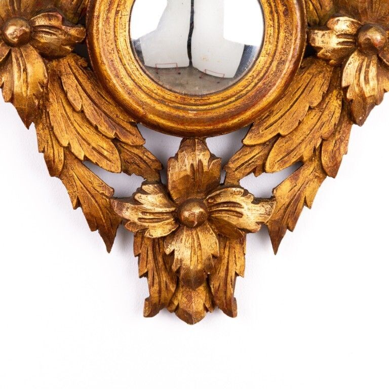 Antique French Gilded & Hand Carved Wood Convex Mirror With Ribbon 19th Century photo for sale