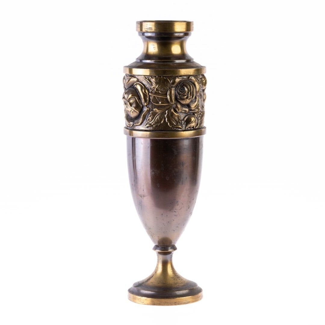 Antique Art Nouveau Bronzed Metal Bas Relief Roses Vase Early 20th Century