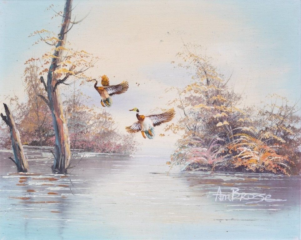 John Ambrose Rsma (1931 2010) Signed Flying Ducks Oil Painting On Canvas