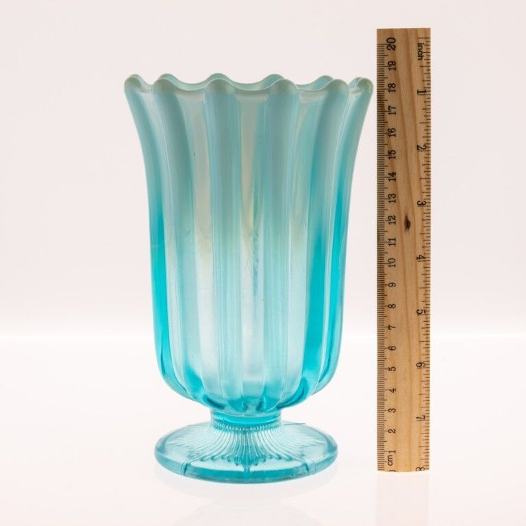 Antique Davidson Opalescent Victorian “Brideshead” Blue Pearline Pressed Glass Celery Vase photo for sale