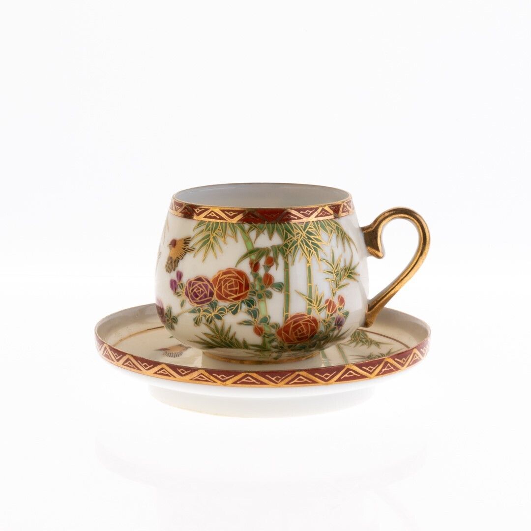 Mid Century Japanese Hand Painted Flying Birds Kutani Porcelain Teacup And Saucer photo furniture