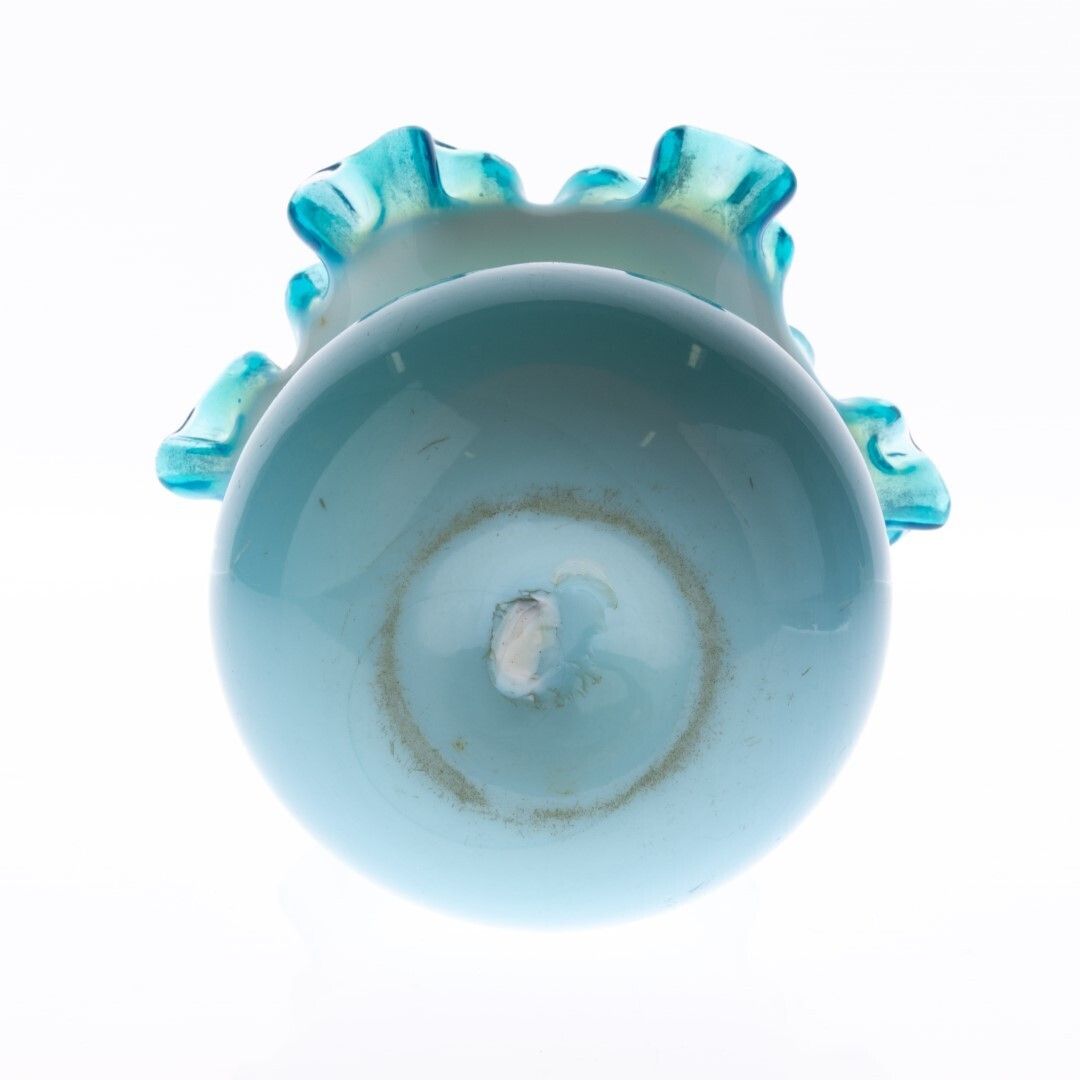 Antique Victorian Bohemian Blue Opaline Glass Ruffle Neck Vase 19th Century photo furniture