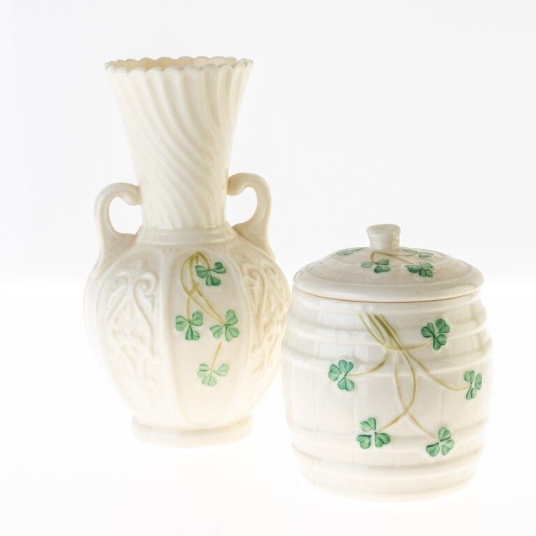 An Irish Belleek Porcelain Vase And Lidded Barrel Jar