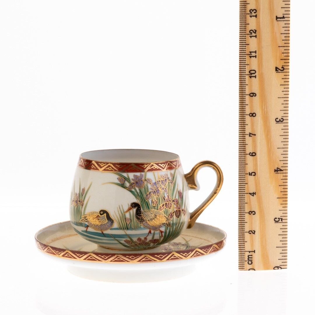 Mid Century Japanese Hand Painted Ducks Kutani Porcelain Teacup And Saucer photo for sale