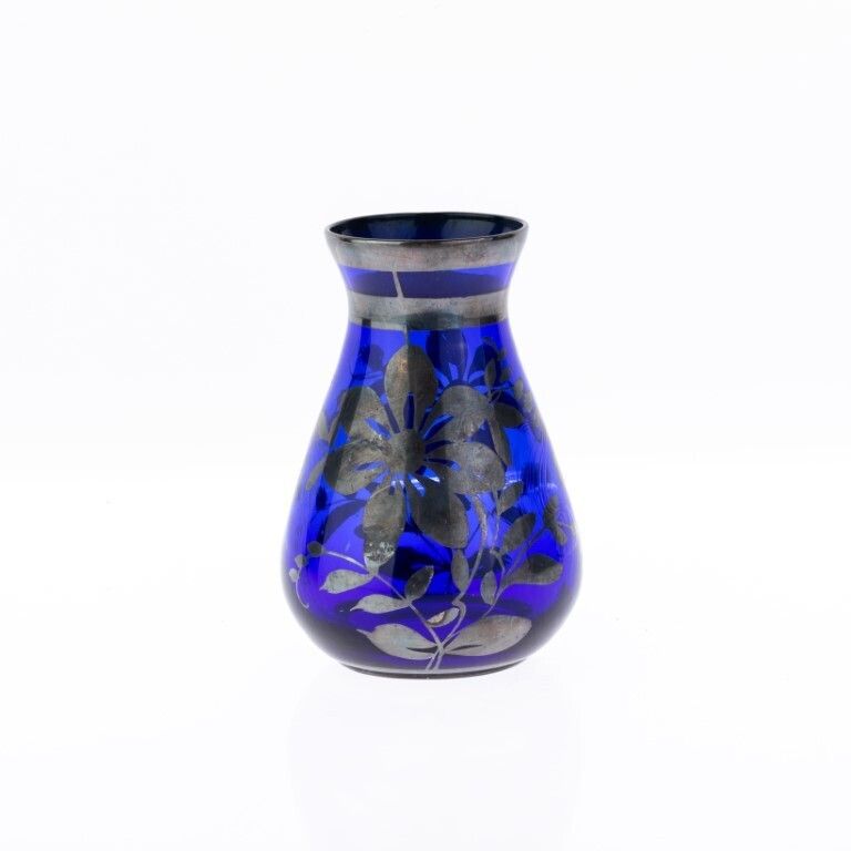 Antique Art Nouveau Cobalt Glass Vase With Floral Silver Overlay Early 20th Century