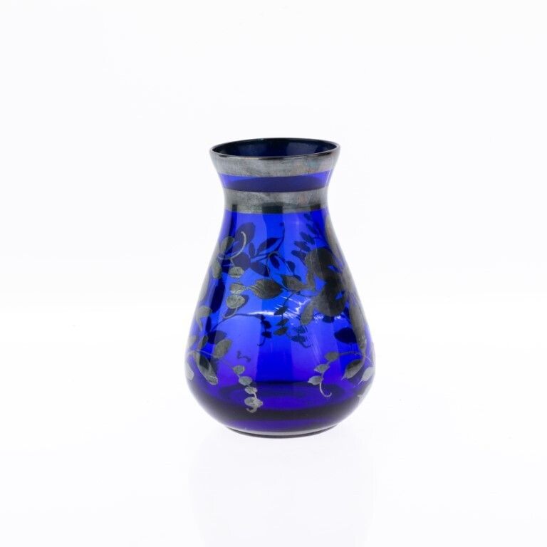Antique Art Nouveau Cobalt Glass Vase With Floral Silver Overlay Early 20th Century photo furniture