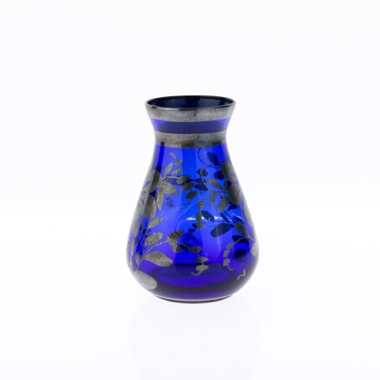 Antique Art Nouveau Cobalt Glass Vase With Floral Silver Overlay Early 20th Century photo Home Decor