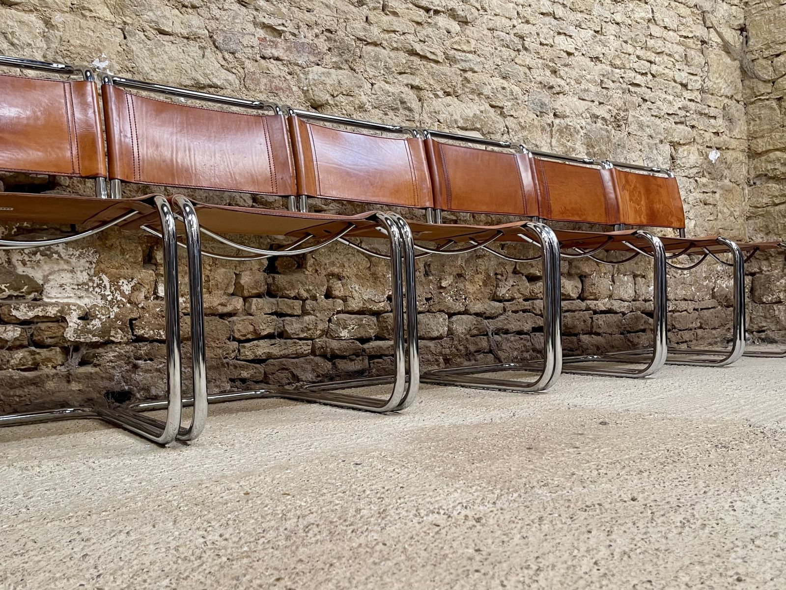 photo furniture 12 Dining Chairs Mart Stam Marcel Breuer S33 Set Of Twelve Fasem Chrome Tan Brown Cognac Leather Cantilever Bauhaus 12 Mid Century Dining Chairs