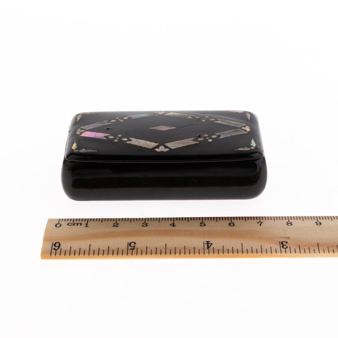 Antique Victorian Inlaid Abalone Papier Mache Tobacco Snuff Box Early 19th Century photo for sale